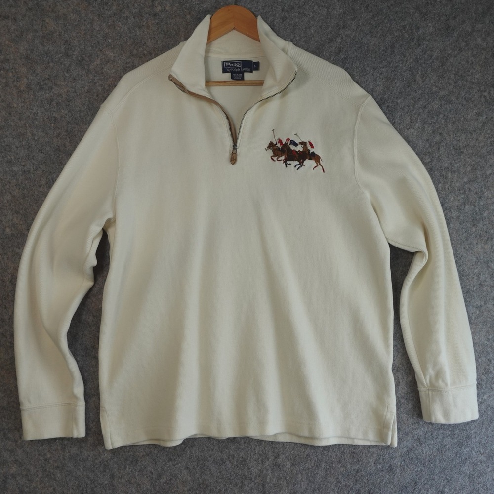 Vintage Polo Ralph Lauren Quarter Zip Pullover Mens L Cream Triple Pony Big Pony